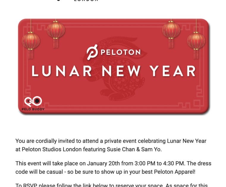 Invite for the Peloton Studios London Lunar New Year event with Sam Yo & Susie Chan.