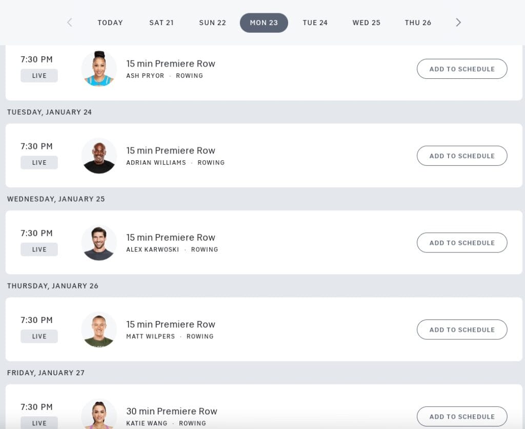 Peloton live rowing class schedule for the first week.