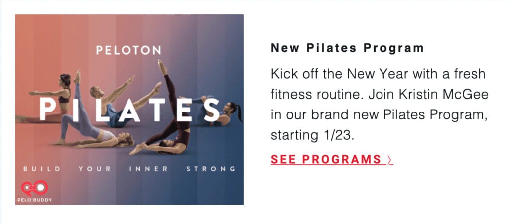 Screenshot of emails about the new Peloton Pilates program with Kristin McGee.