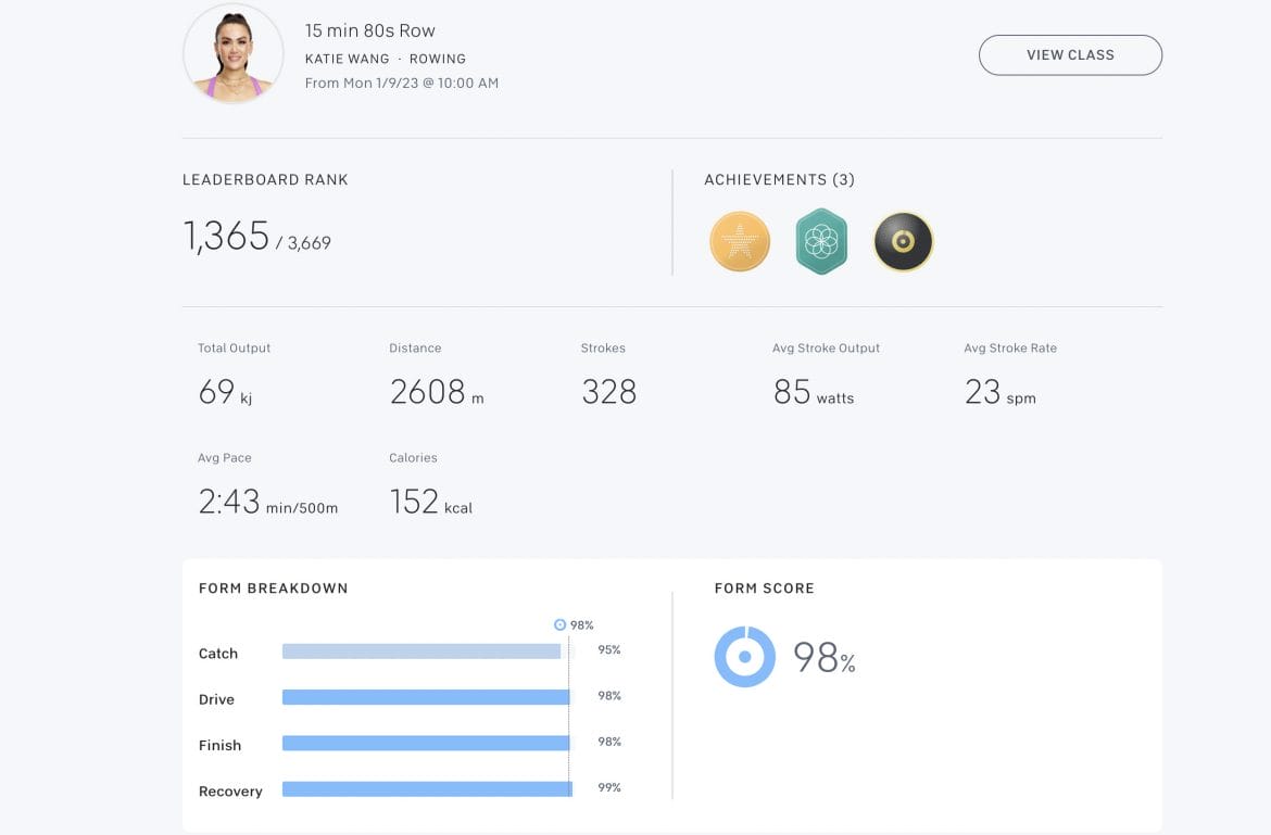 Rowing class stats on the Peloton App.