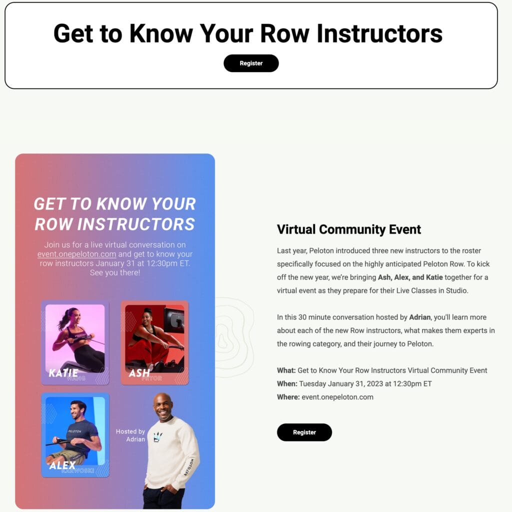 Details about the Peloton Rowing virtual event featuring the instructors.