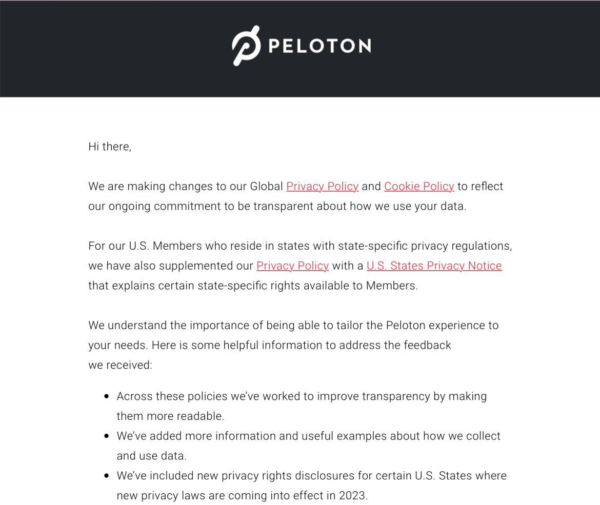 Peloton email to members regarding updated privacy policy.