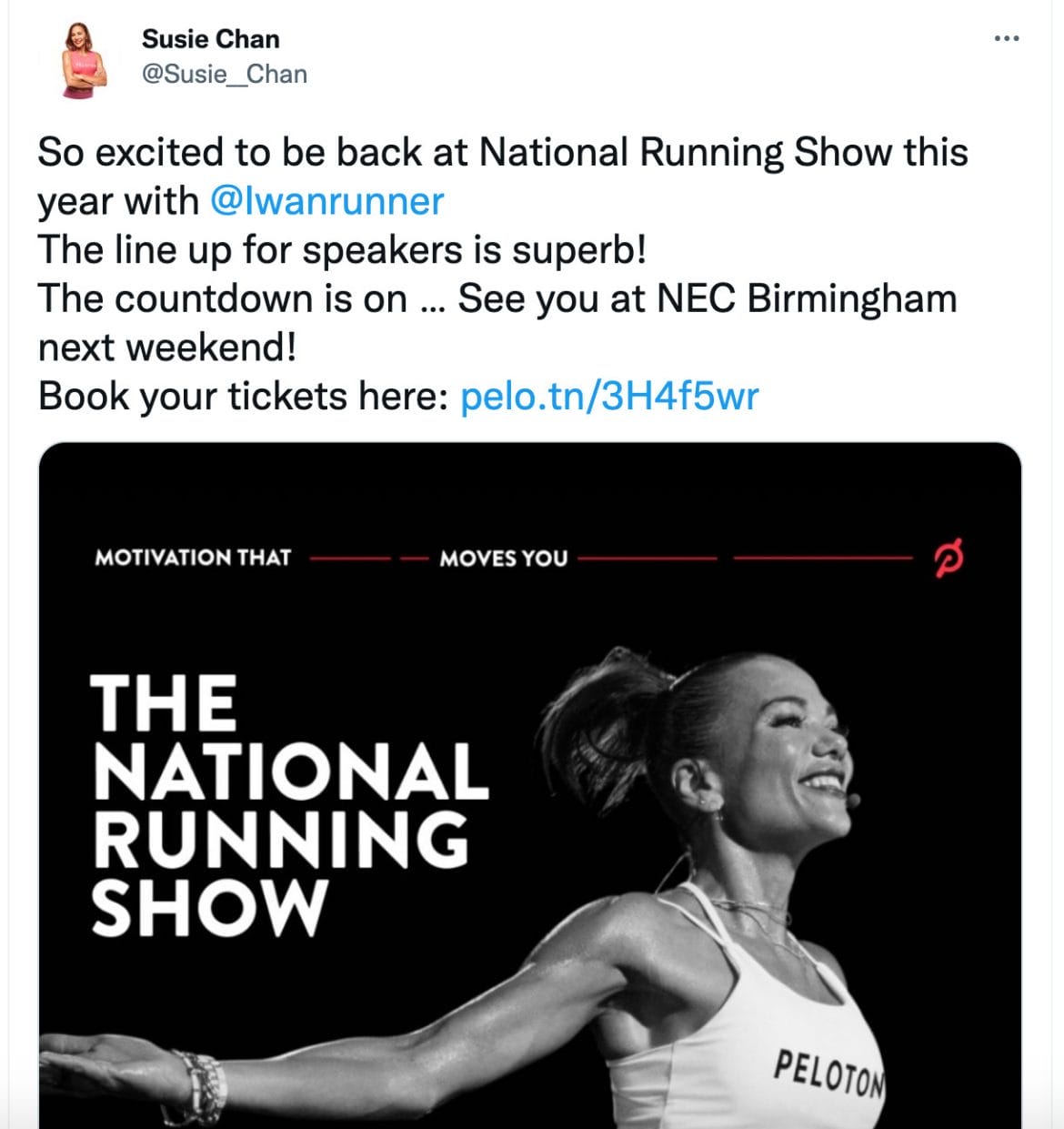 Susie Chan's Tweet announcing host role at 2023 National Running Show Birmingham.