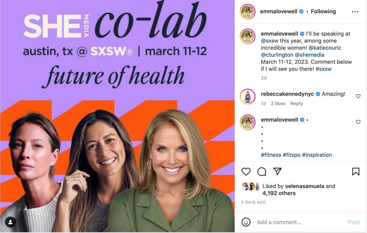 Emma Lovewell's Instagram post announcing SXSW appearance.