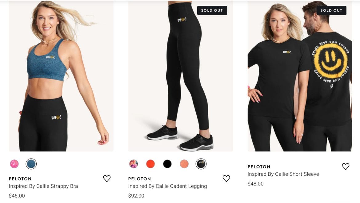 Callie Gullickson BYOE Collection on Peloton Apparel website.