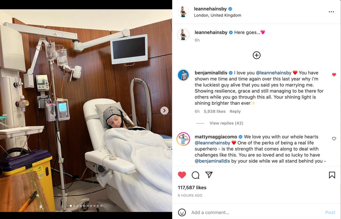 Leanne Hainsby's Instagram post announcing breast cancer diagnosis.