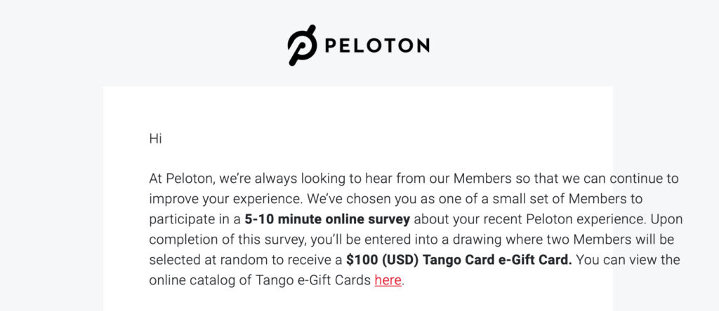 Peloton Just Work Out survey email invitation.