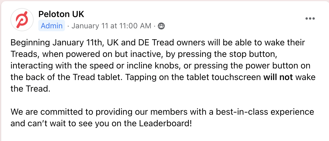 Peloton post in Official Peloton UK Member Group on Facebook.