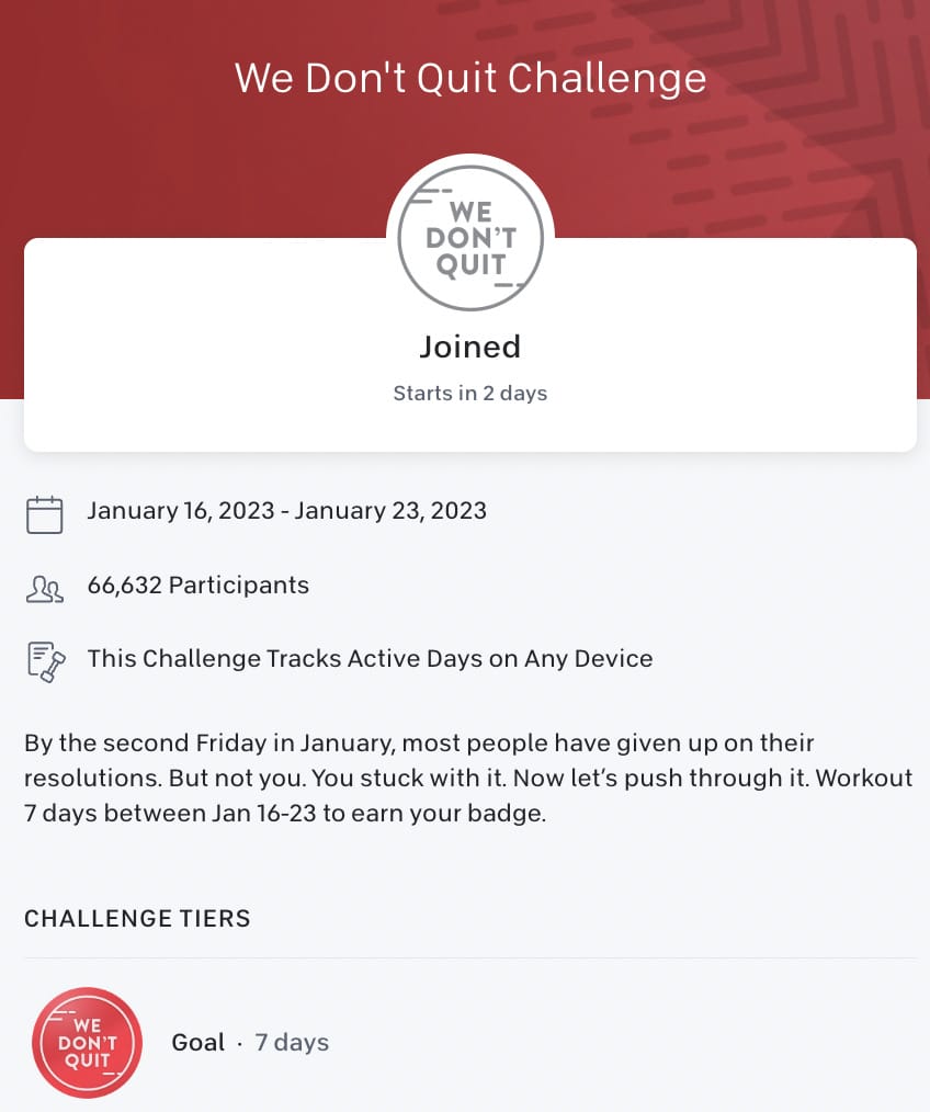 Screenshot of the new Peloton "We Don't Quit" Challenge & Badge.