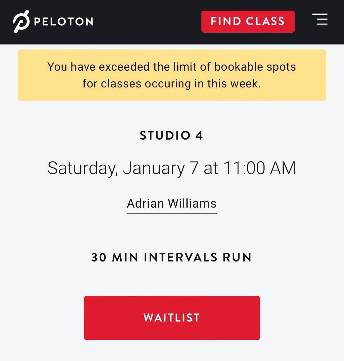 Peloton Studios Booking Site Error Message - Weekly Limit