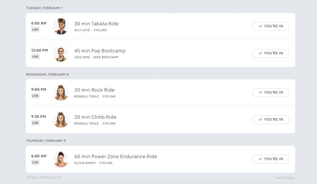 Screenshot of some of the updated time slots on the live Peloton class schedule in 2023.