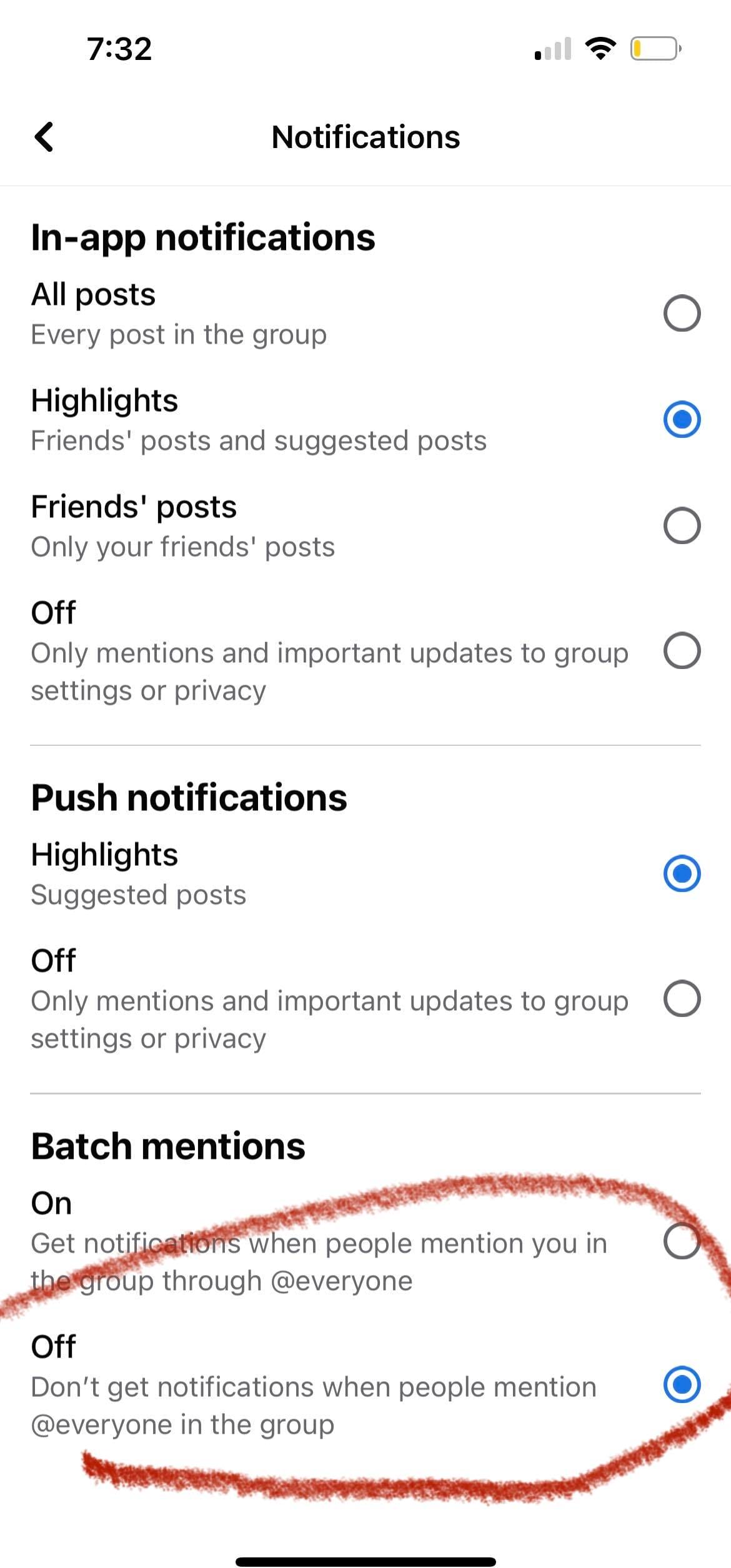 Facebook settings in iOS the disable @everyone tag notifications.