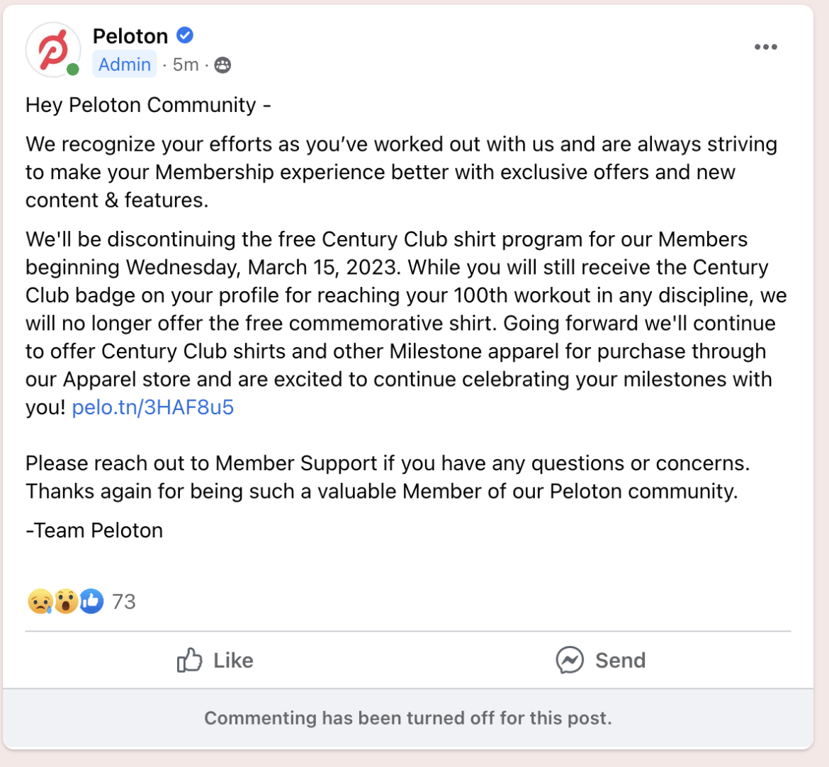 Peloton post in the Official Peloton Member Facebook Group.