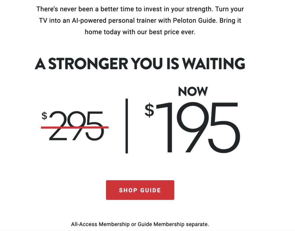 Email about Peloton Guide pricing change.
