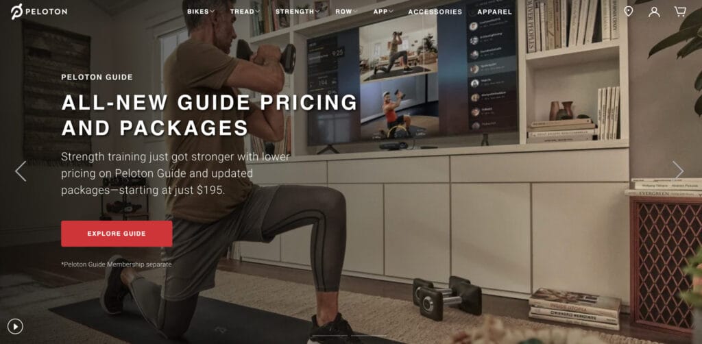US Peloton Home page with new Guide pricing.