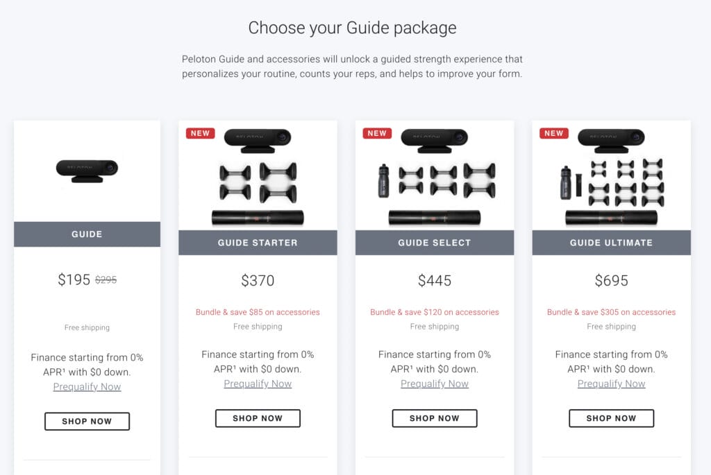 New pricing of Peloton Guide and packages in the US.