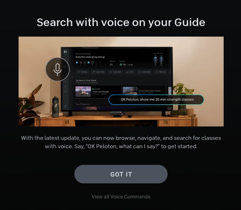 Peloton Guide Voice Control feature updates.