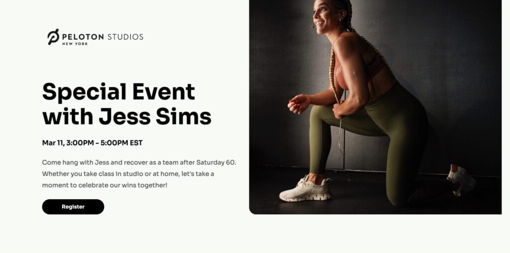 Jess Sims Peloton meet & greet event RSVP page.