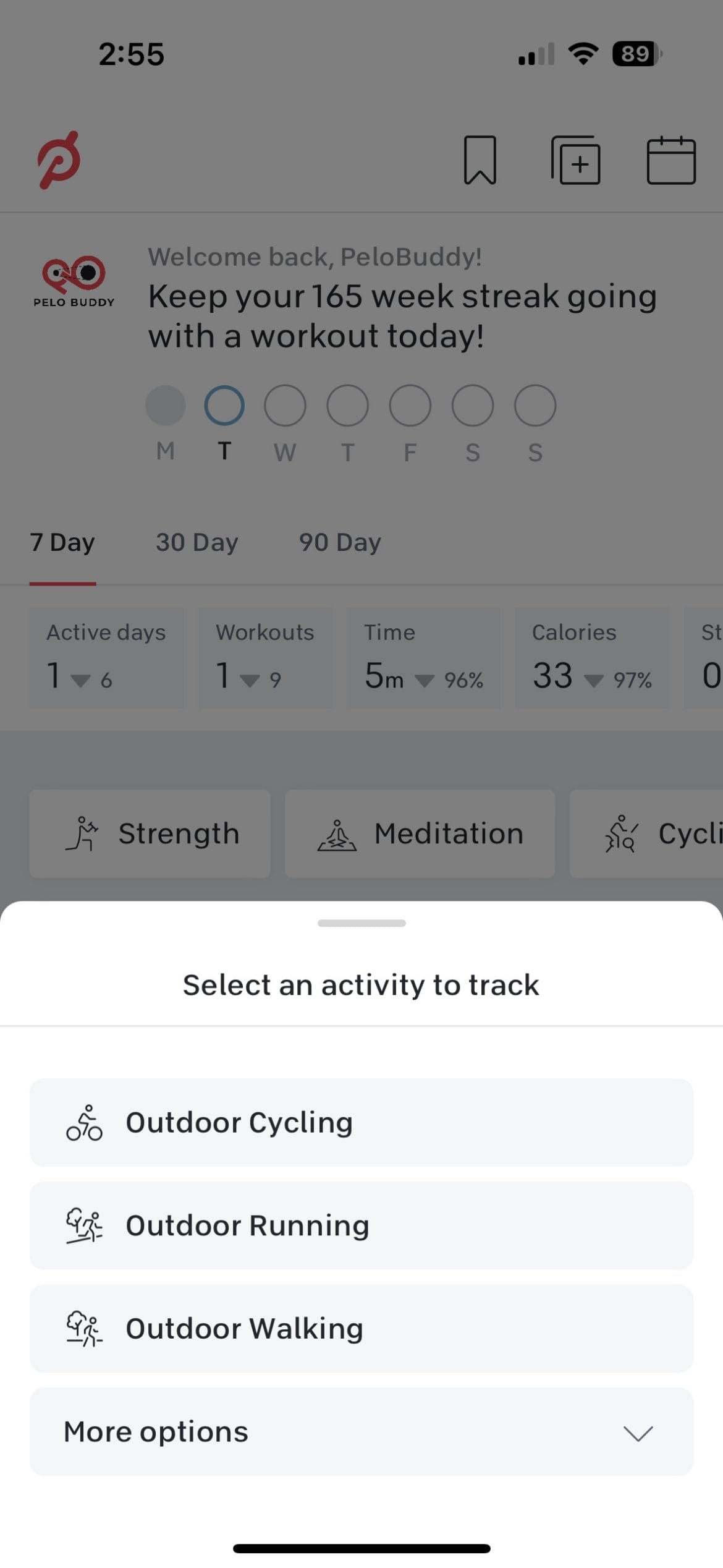 Three default options for Just Work Out feature from home screen.