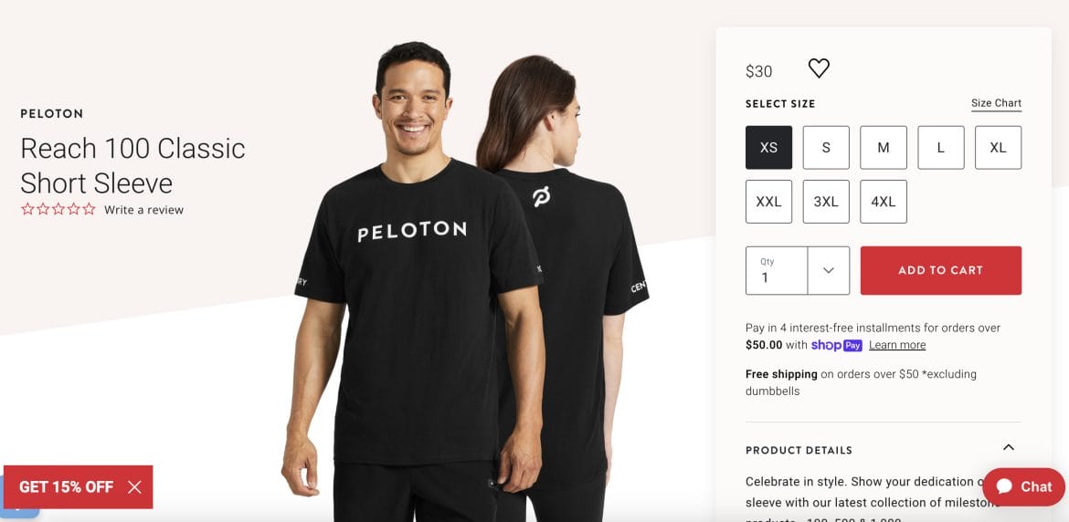 Peloton Century Club T-Shirt on Peloton Apparel website.