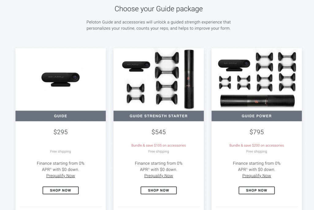 Previous pricing and packages for Peloton Guide in US.