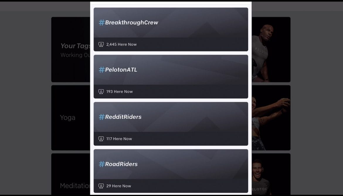 List of "your tags working out" on Peloton App.