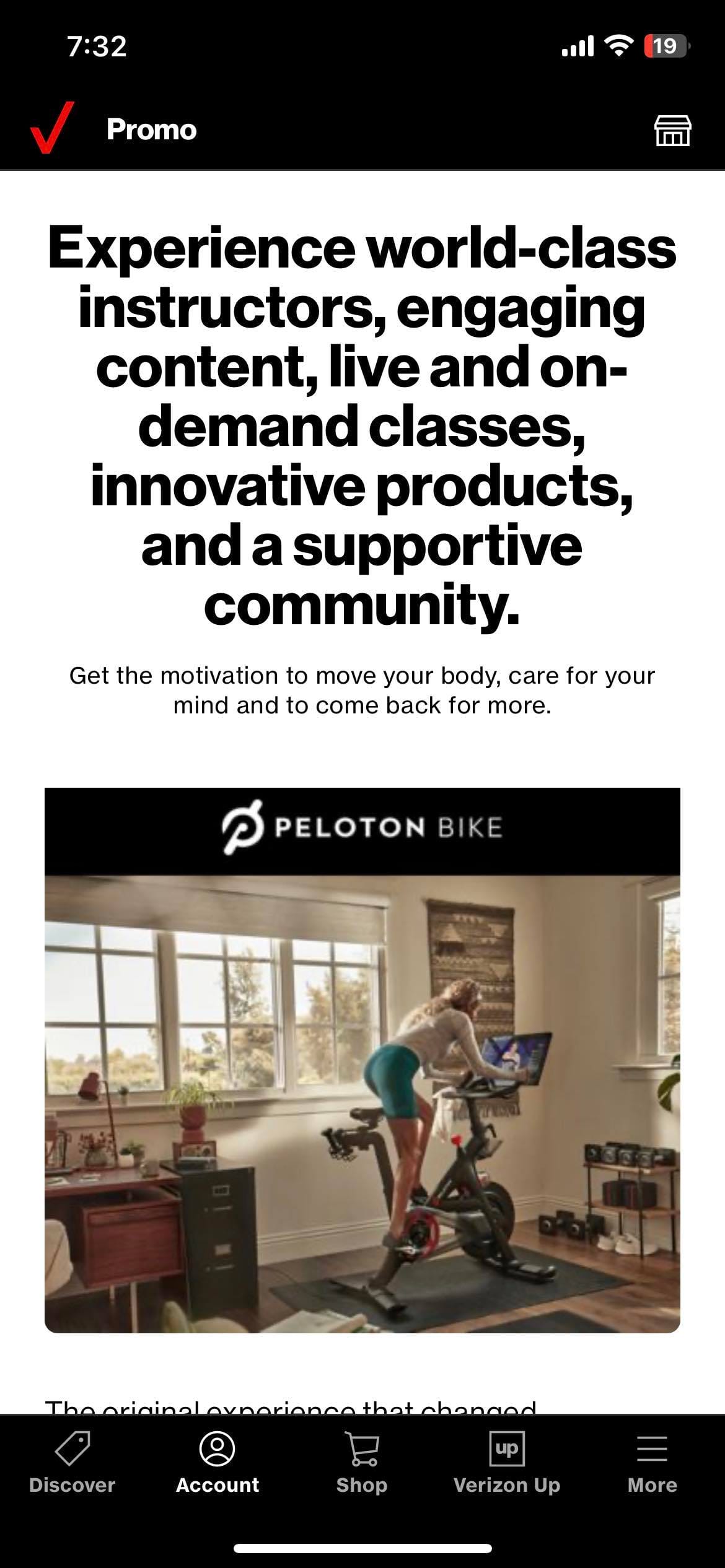 Verizon promos page displaying Peloton offer.
