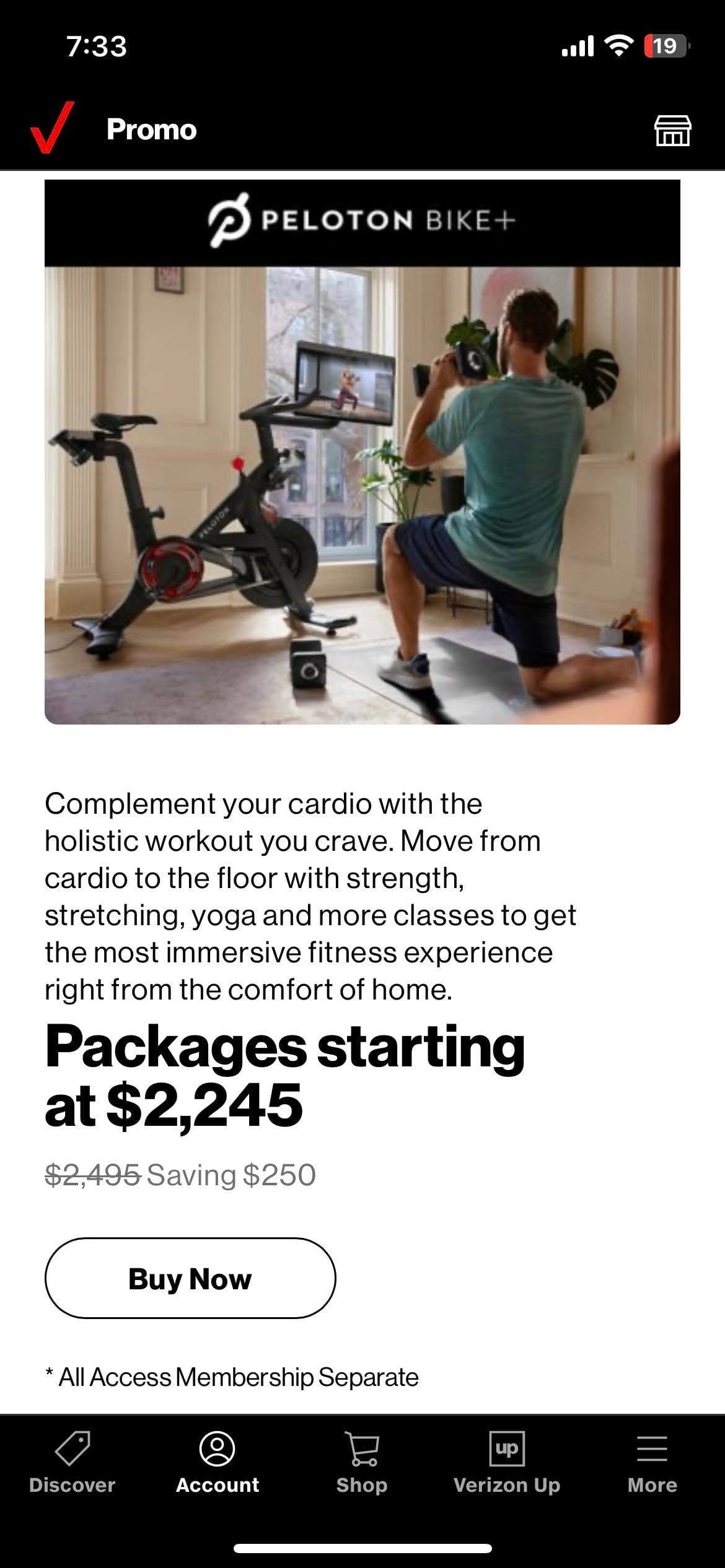 Verizon promos page displaying Peloton offer.