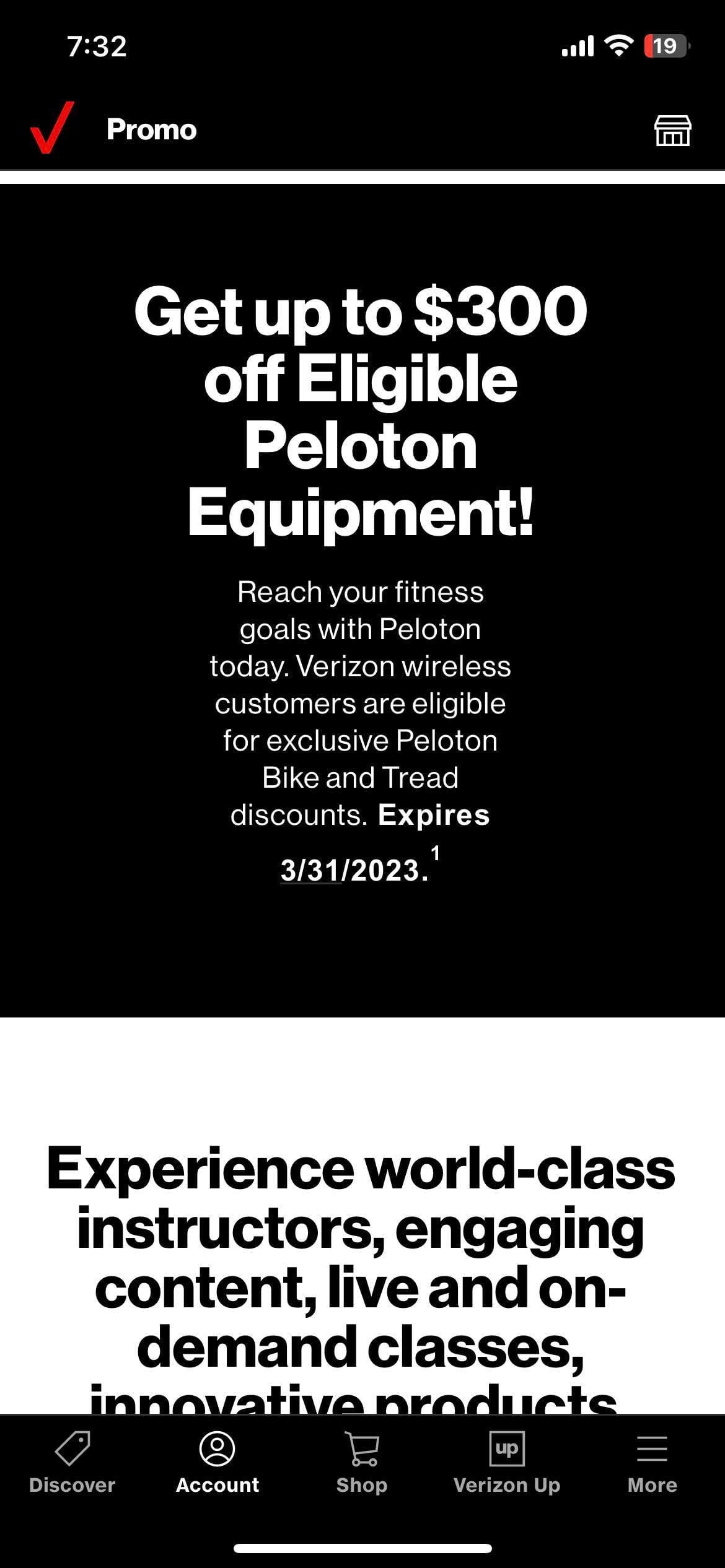 Verizon promos page displaying Peloton offer.