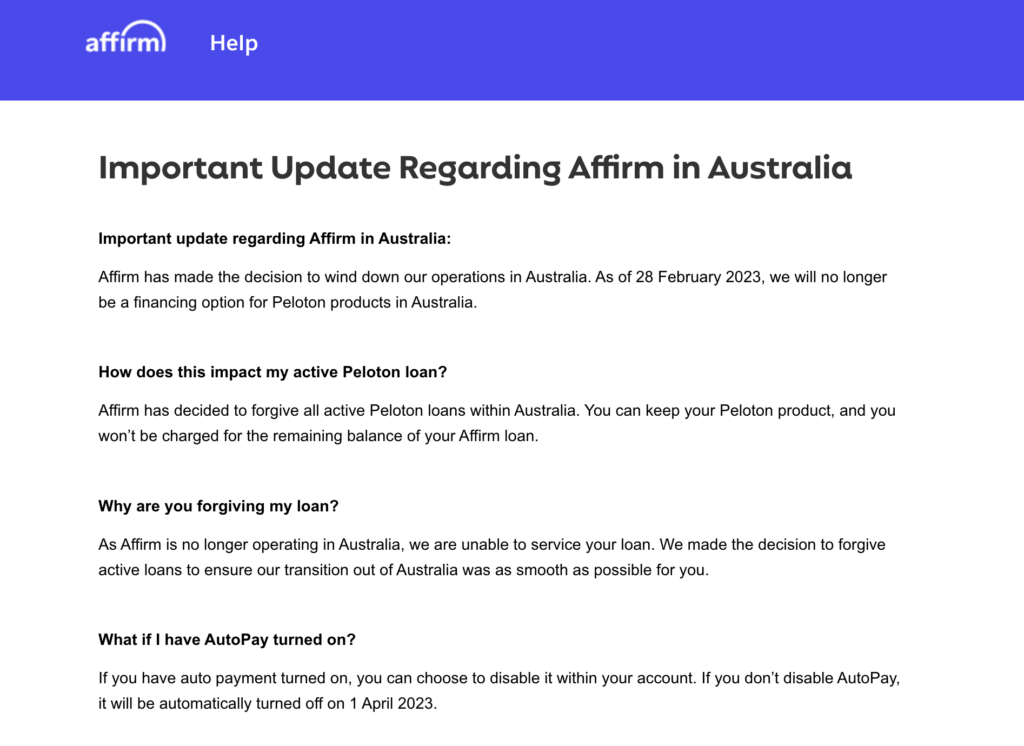 Affirm webpage stating they will be forgiving all loan balances remaining for Australian owners.