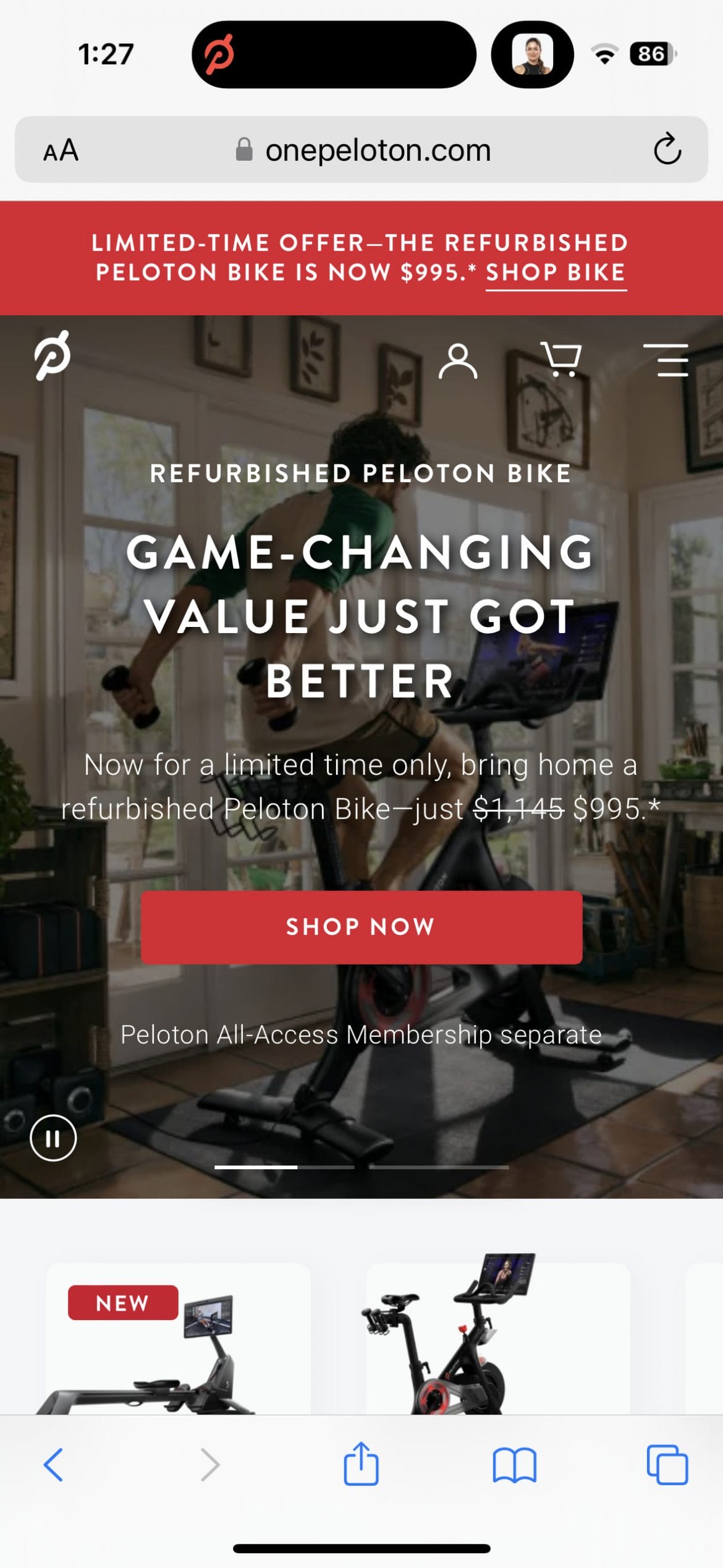 Dynamic Island displaying Peloton app at the top of the screen while viewing a web app.