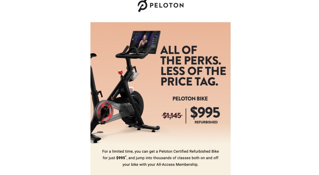 Marketing email Peloton sent about the discount & sale on refurbished Peloton Bikes in March 2023.
