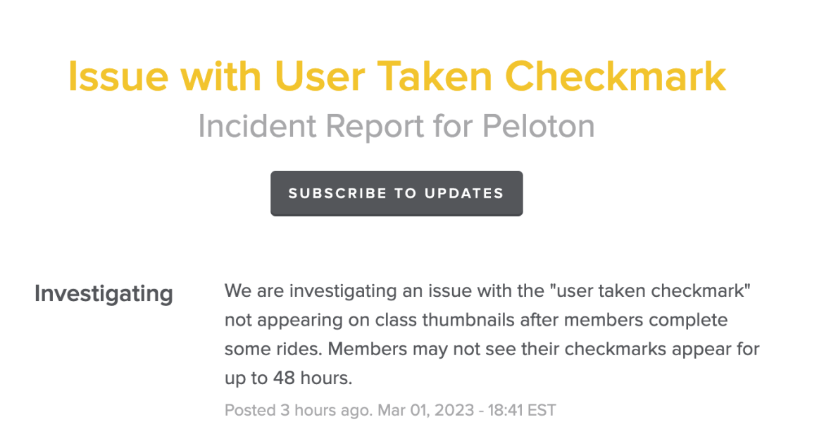 Peloton incident report regarding taken checkmark glitch.