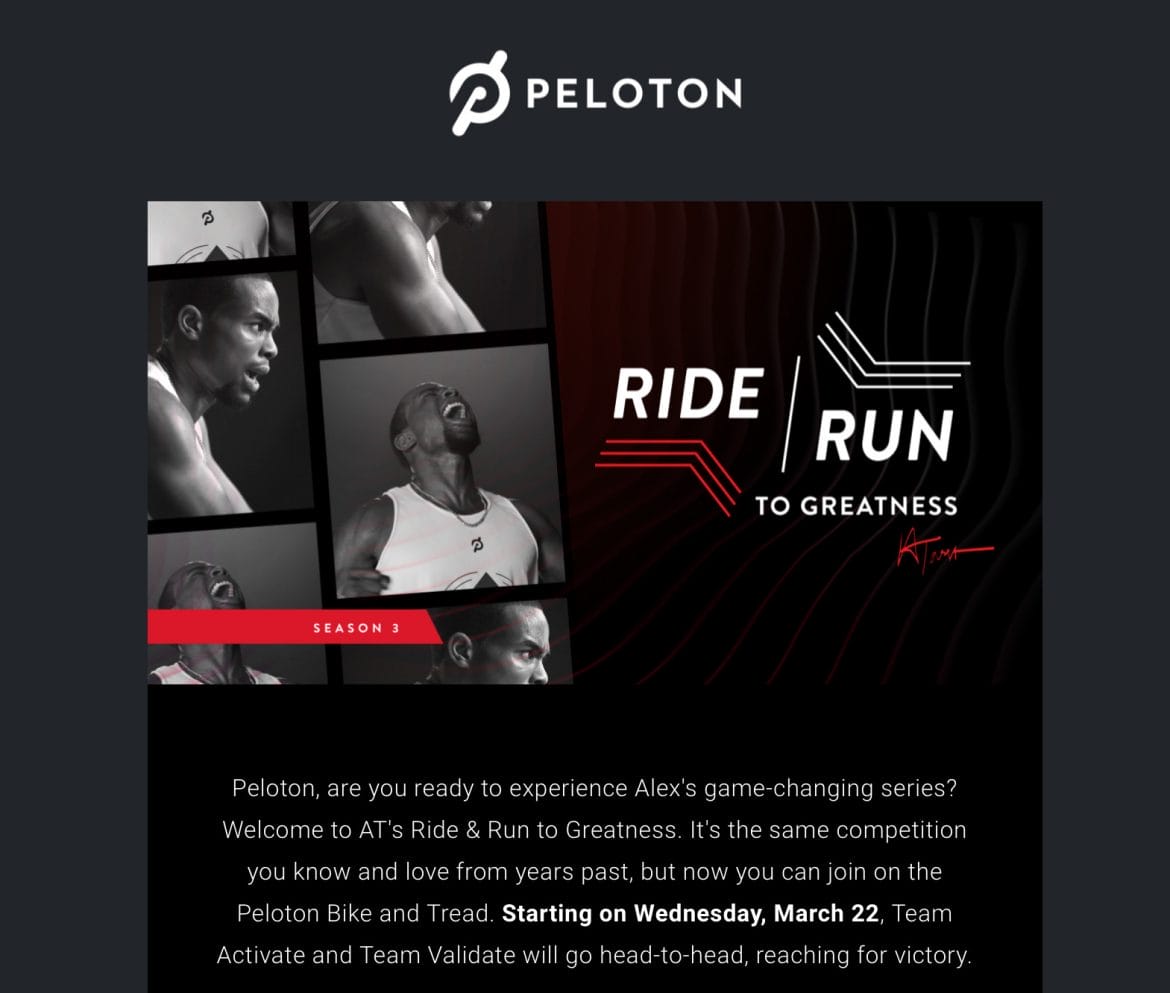 Email to members announcing Ride/Run to Greatness Season 3.