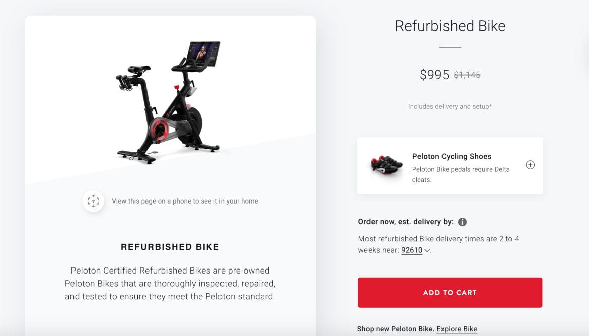 Refurbished original Bike on sale for $995 via the Peloton website.