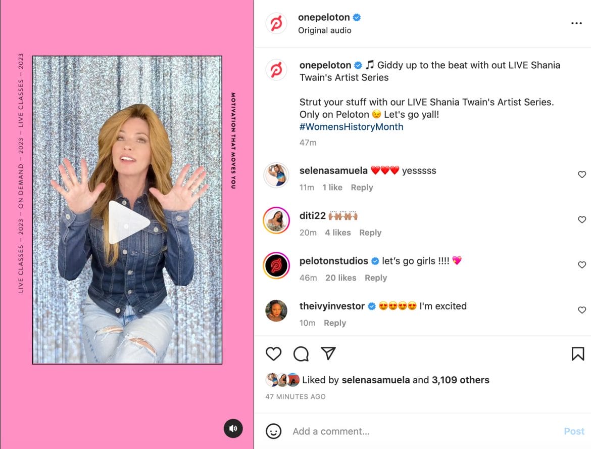 Peloton Instagram post featuring Shania Twain.