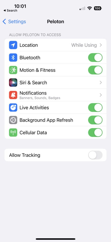 Toggle in the Settings app to disable Live Activities for Peloton.