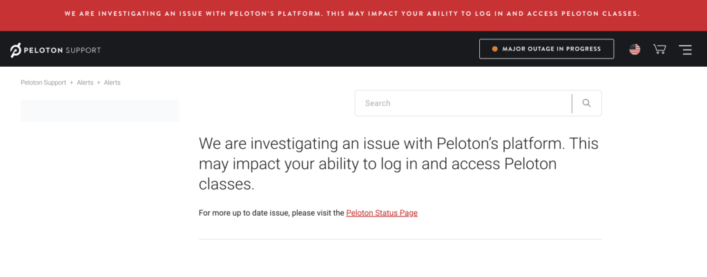 Peloton Support website with banner notifying members about the outage.