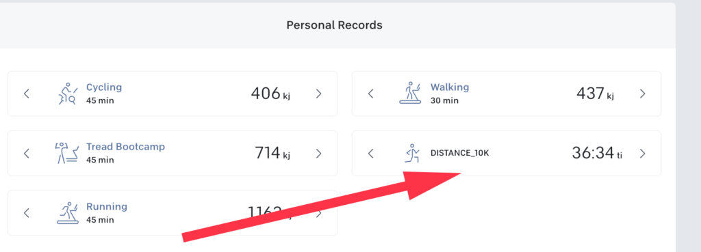 Distance-based PRs displayed on profile page on Peloton web browser - 10K PR shown here.
