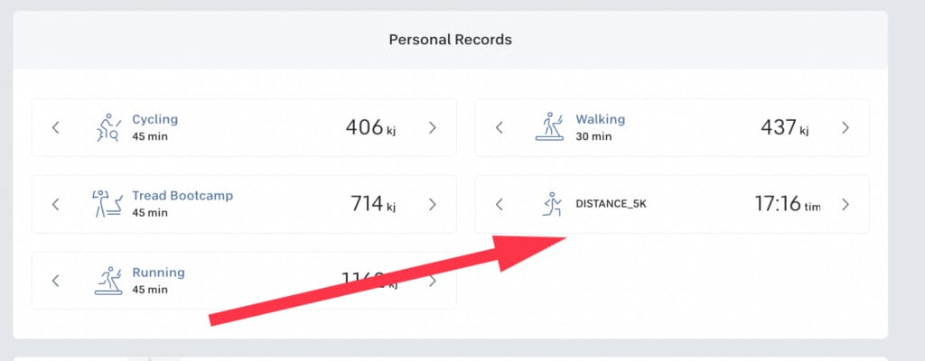 Distance-based PRs displayed on profile page on Peloton web browser - 5K PR shown here.