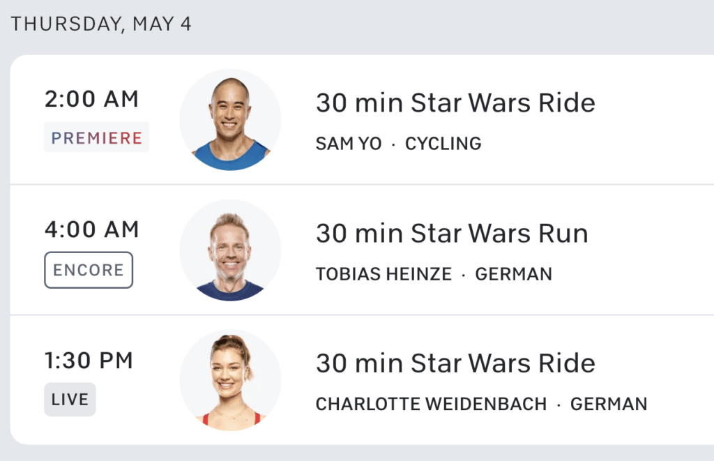 Peloton Star Wars Classes: A Peloton Star Wars Ride with Sam Yo & Charlotte Weidenbach, and Star Wars Run with Tobias Heinze.