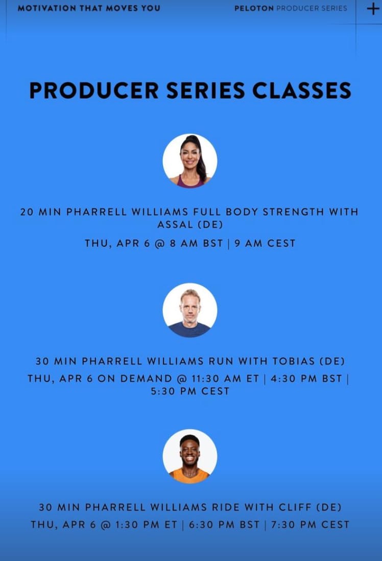 Peloton Pharrell Williams artist series schedule. Image credit Peloton social media.