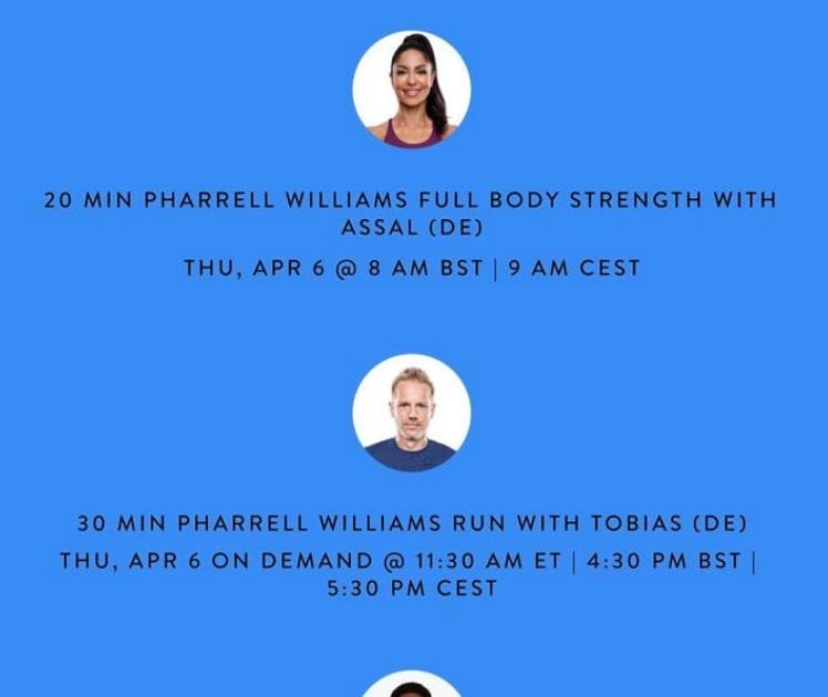 Peloton Pharrell Williams artist series schedule. Image credit Peloton social media.