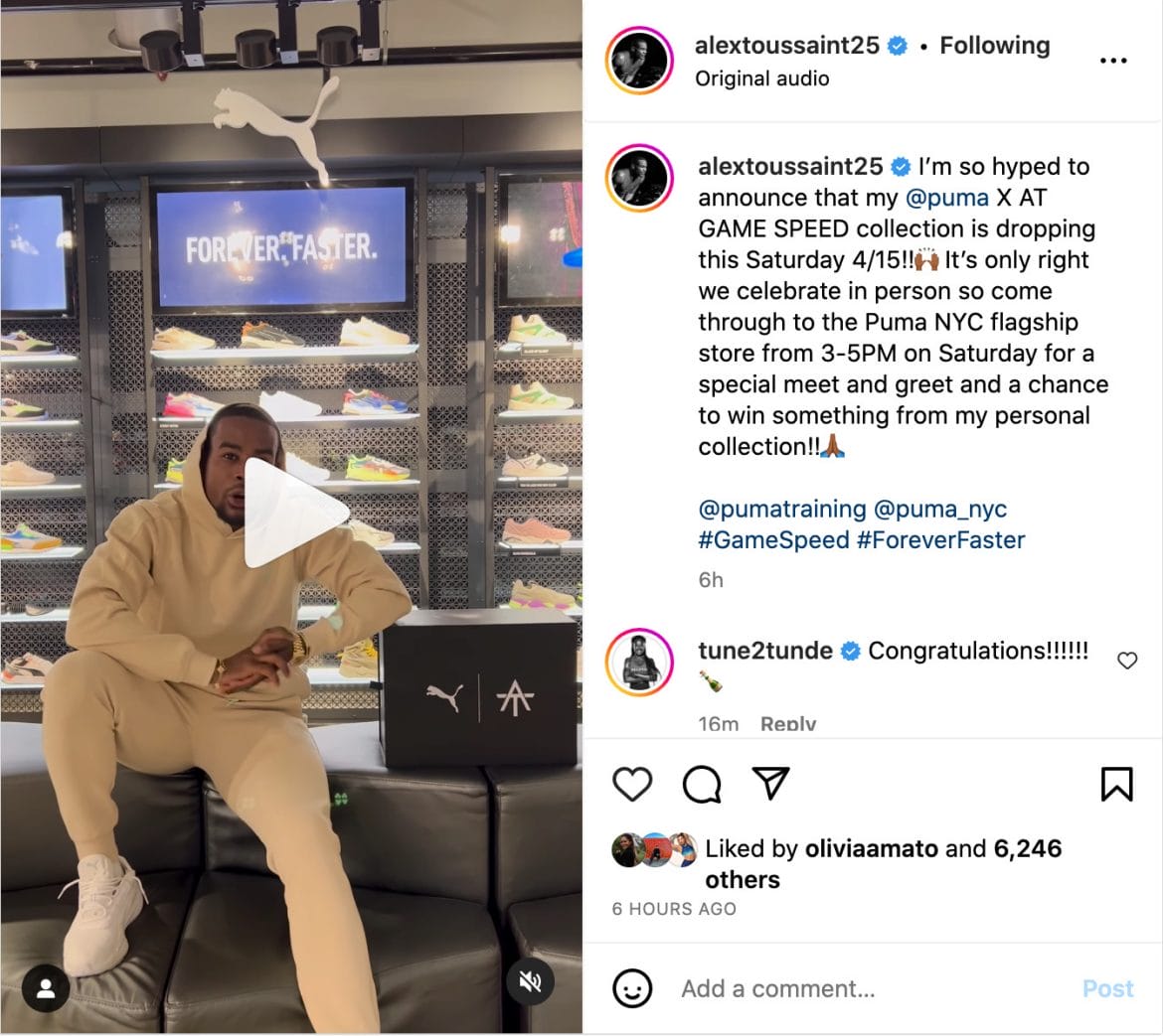 Alex Toussaint Instagram post announcing collaboration with PUMA.