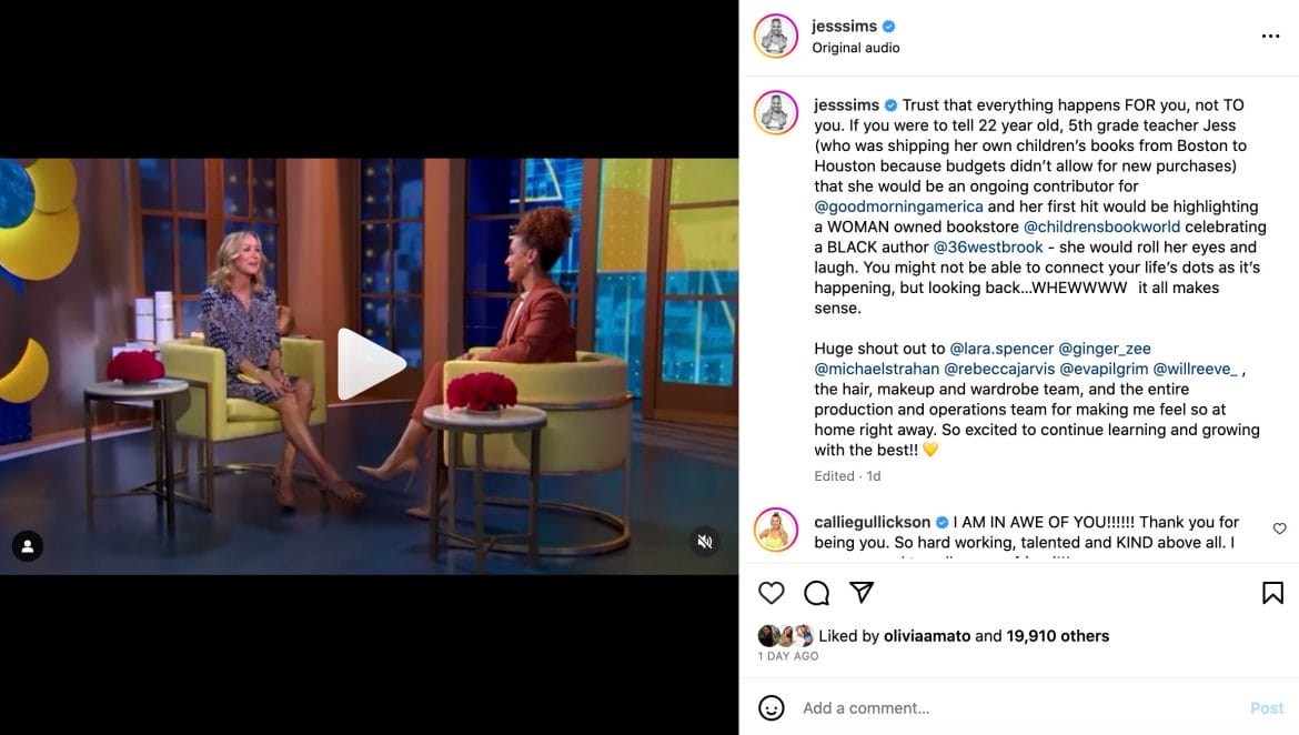 Jess Sims' Instagram post announcing new role with Good Morning America.