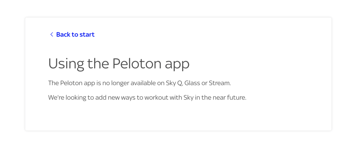 Peloton page on Sky Q website.