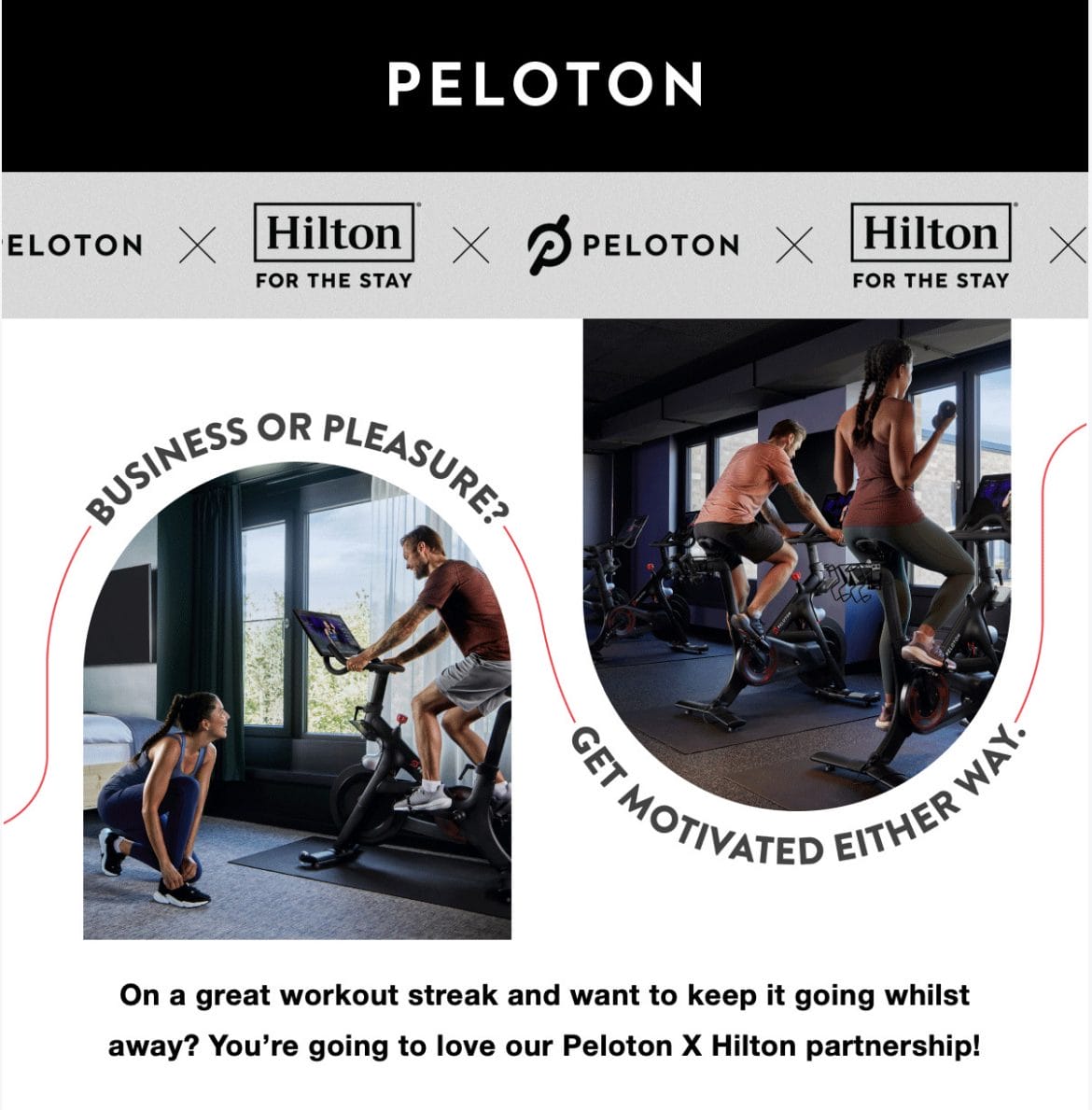 Peloton email to U.K. members announcing expanded Hilton partnership.