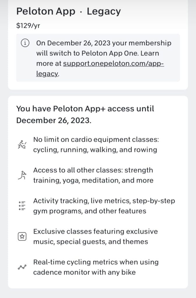 Screenshot of the temporary Peloton App Legacy tier.