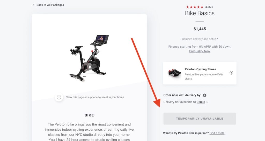 Screenshot of the Peloton  US website shopping cart and the Peloton Bike being unavailable.