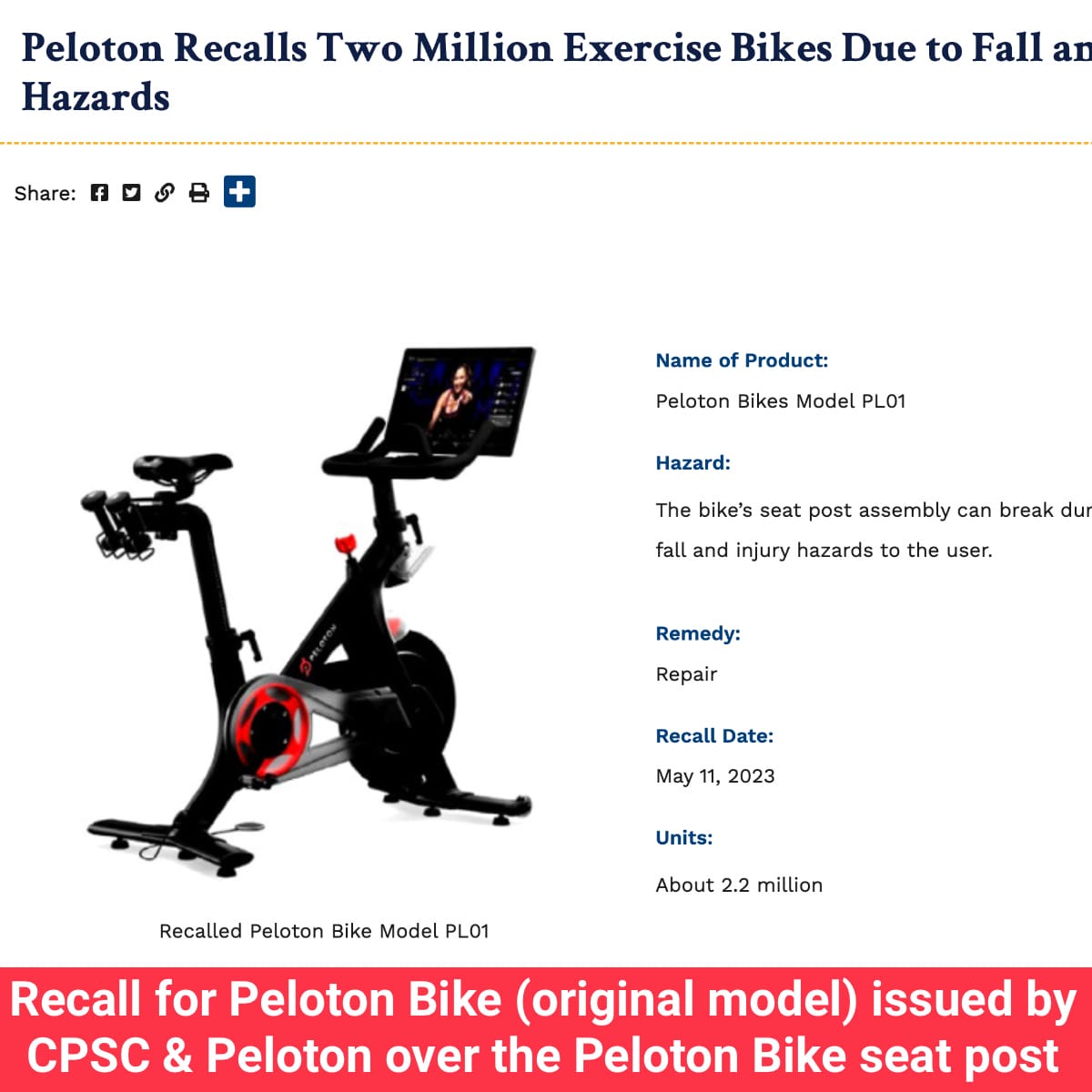 Recall for Peloton Bike (original model PL01) issued by CPSC & Peloton over  the Peloton Bike seat post - Peloton Buddy